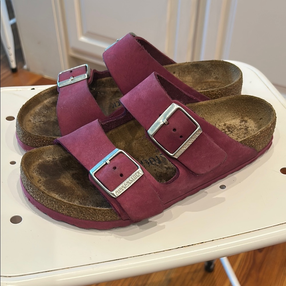 Birkenstock Maroon Sandals with Silver Buckles
